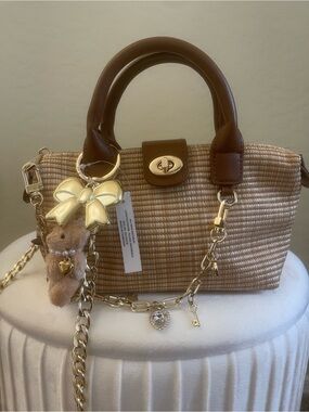 Madden Girl Beige Straw Crossbody with Brown Trim & Gold Accents
